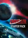Traveller Starter Pack text with a planet, two spaceships, and a red nebula.