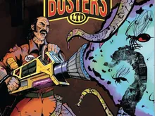 Man in orange jumpsuit firing a large gun at giant insects, "BUG BUSTERS LTD" sign above.