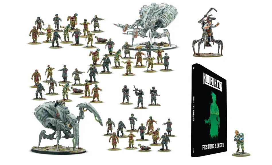 A collection of miniatures from Warlord Games' Konflikt ’47 is displayed, featuring various figures including soldiers, zombies, and mechanical creatures. Prominently featured is the book titled "Konflikt ’47: Festung Europa," which showcases a green silhouette on its cover. Among the miniatures, a notable figure in powered armor and a mechanical creature stand out, highlighting the game's unique blend of historical and fantastical elements.