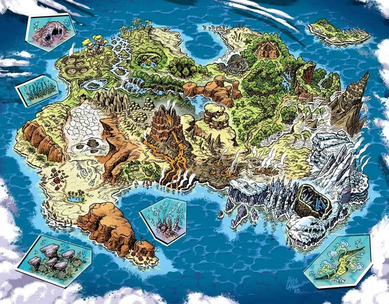 Fantasy map of Pangeon with forests, rivers, mountains, and coastal insets.