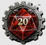 Red 20-sided die with metallic gear rim and number 20.
