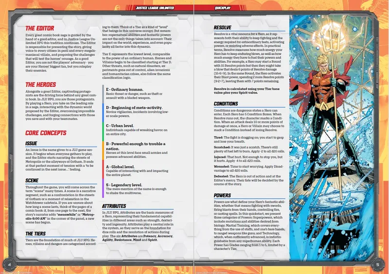 A colorful two-page spread features the title "Justice League Unlimited" prominently at the top, with a dynamic comic-style illustration of various superheroes in action, including iconic characters like Superman and Batman. The left page outlines key concepts of the game, such as "The Editor," "The Heroes," and "Core Concepts," with bullet points detailing gameplay mechanics and character attributes. The right page includes sections on "Resolve," "Conditions," and "Powers," providing a quick reference for players, all set against a vibrant background that enhances the superhero theme.