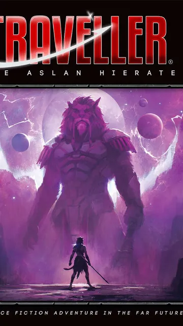 Traveller: The Aslan Hierate, large lion-like figure, small figure with sword, purple space backdrop