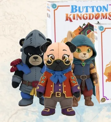 Three plush toys: bear in armor, pug in robe, cat with sword. "BUTTON KINGDOMS" text in background.