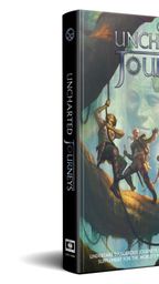 A fantasy role-playing game supplement titled "Uncharted Journeys" is prominently displayed, featuring a colorful cover illustration. The artwork depicts a diverse group of adventurers, including a warrior, a rogue, and a spellcaster, navigating a lush, mystical landscape filled with fantastical creatures and vibrant foliage. The spine of the book is visible, showcasing the title and a logo, while the tagline at the bottom invites players to undertake dangerous journeys in uncharted lands.