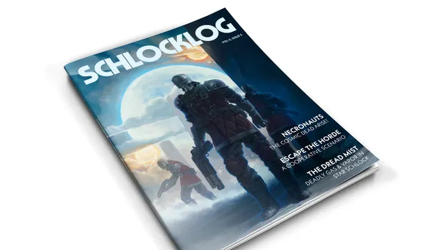 A magazine titled "Schlocklog Vol. 6" is prominently displayed, featuring a dynamic cover illustration. The cover depicts three armored figures in a sci-fi setting, with a large, glowing moon in the background. Text on the cover highlights features such as "Necronauts," "Escape the Horde," and "The Dread Mist," indicating the content within the magazine related to the Star Schlock tabletop game.
