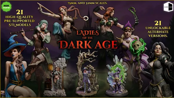 A collection of intricately designed female miniatures from the "Ladies of the Dark Age" series, displayed prominently against a dark, atmospheric background featuring a castle silhouette. The miniatures vary in scale, including 75mm and 32mm, showcasing diverse characters such as warriors and spellcasters, each with unique poses and details. The text highlights "21 UNLOCKED ALTERNATE VERSIONS," emphasizing the variety available in this collection.