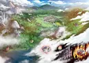 Fantasy landscape with lush green hills, forests, and a village surrounded by walls. A large, rocky formation rises in the center. Below, dark clouds obscure a ruined structure with glowing red energy and a fiery explosion. A purple dragon-like creature flies in the sky.