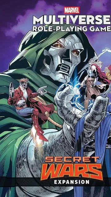 Doctor Doom holding energy, with Rocket Raccoon, Thor, Black Panther, and others. Text: SECRET WARS.