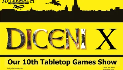 A bright yellow poster announces the 10th Diceni Tabletop Games Show, featuring bold black text that reads "DICENI X" at the top. Below, details include the date, "Sunday 3rd May 2026," and the location, "The Forum, Norwich," with event hours from 10 AM to 4 PM and a note that entry is free. The design includes a silhouette of a dragon and other fantasy elements, along with a QR code for additional information.