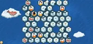 A game board for "Hey, That’s My Fish!" features a hexagonal layout of ice tiles on a blue ocean background. Several penguins, represented by black and orange tokens, are positioned on the tiles, which display various fish illustrations, indicating points. An ice floe on the left side of the image prominently displays the game's title, enhancing the playful and strategic theme of the game.