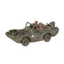 A Ford GPA amphibious jeep in a weathered green finish, featuring two seated figures in military attire, one wearing a helmet and the other a cap. The jeep has a star insignia on the side and includes details like headlights and a storage box at the rear. The overall appearance reflects a realistic, battle-worn aesthetic suitable for WWII tabletop gaming.