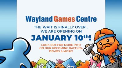 A colorful promotional graphic announces the opening of the Wayland Games Centre in Brentwood. The text highlights that the grand opening is on January 10th, with an invitation to join the all-day launch party featuring gaming, prizes, and food. A cartoonish character with an orange beard and a blue headband holds a hammer, adding a playful touch to the design, which includes various gaming-related icons in the background.