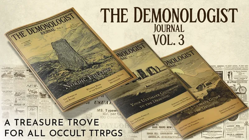 A collection of booklets titled "The Demonologist Journal Vol. 3" is prominently displayed, featuring a cover illustration that includes a stone monument set against a mountainous landscape, with the subtitle "Nordic Edition." The journal is positioned alongside earlier volumes, showcasing their similar design. Below the journals, the text reads, "A treasure trove for all occult TTRPGs," emphasizing the thematic focus on occultism and roleplaying games.