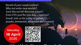 A promotional graphic for the Dragonmeet Call to Adventure event features a dramatic illustration of a dragon silhouetted against a cosmic background with stars and planets. The text invites young adventurers to join a day of games, puzzles, and immersive experiences, highlighting the event's date, Saturday, 18 April 2026, along with a QR code for ticket access. The design includes playful elements and a vibrant color scheme, emphasizing the adventurous theme.