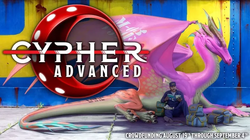 Pink dragon mural, man reading book, blue/yellow wall, text "NER ADVANCED CROWDFUNDING AUGUST 19TH THROUGH SEPTEMBER 4TH"