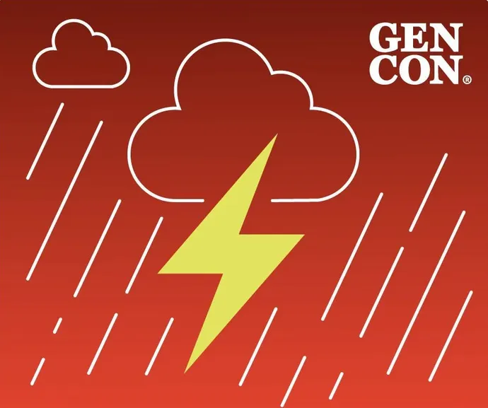 Red background with white clouds, rain, and a yellow lightning bolt. Text: "GEN CON"