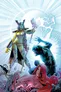 Three superheroes in action: one in yellow and purple armor, one in blue, and one with red hair in a pink suit.