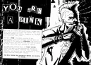 Black-and-white comic-style illustration of a punk character with spiked hair, leather jacket, and a smirk, holding a cigarette. Visible text: "ARE YOU READY TO DINK" (partially obscured), and speech bubble with illegible text. Background shows a brick wall.