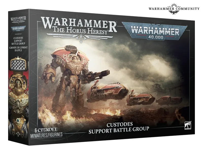 Warhammer 40,000 and The Horus Heresy box with Custodes Support Battle Group text, armored figure, and vehicles.