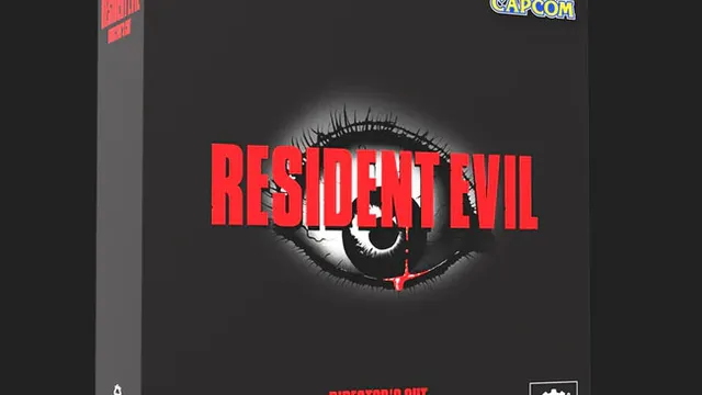 A black box featuring the title "RESIDENT EVIL" in bold red letters, with a stylized eye graphic in the center. Below the title, the text "DIRECTOR'S CUT KICKSTARTER EDITION" is displayed in orange, while "SURVIVAL HORROR" is highlighted in pink. The Capcom logo is positioned at the top right corner, and the Steamforged Games logo is located at the bottom left.