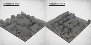 A collection of modular dungeon blocks in various shapes and sizes, all in a gray color, is displayed on a textured flagstone game mat. The blocks are arranged to form walls, rooms, and corridors, showcasing their versatility for tabletop gaming. The scene includes a mix of solid blocks and archways, set against a backdrop of detailed stone flooring.