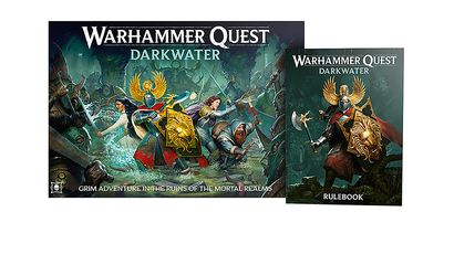 The image features the box art for "Warhammer Quest: Darkwater," showcasing a dynamic scene of heroes engaged in battle against various foes in a dark, murky environment. Prominent characters include a knight with a lion-emblazoned shield, a warrior wielding a spear, and a female character with flowing hair, all set against a backdrop of ominous creatures and ruins. To the right, the rulebook is displayed, featuring similar artwork and the title "Warhammer Quest: Darkwater."