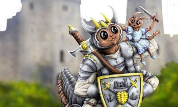 A whimsical illustration features a large, anthropomorphic creature resembling a knight, complete with armor and a crown, holding a shield adorned with a castle emblem. Perched on its shoulder is a smaller creature dressed in blue, while a tiny dragon-like figure stands beside them, also in armor. The background showcases a blurred castle and green grass, creating a playful and fantastical atmosphere.