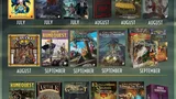 A colorful release roadmap showcases upcoming titles from Chaosium for Q3 and Q4 of 2026. The top row features covers for "Elfquest," "Dead Letter," "Innsmouth," "Keeper Tips," "No Place Like Home," and "The Boy King," all set for release in July and August. The bottom row includes "Creó," "Lands of RuneQuest," "Age of Vikings Companion," and various Call of Cthulhu titles, with several scheduled for October and November, including "Cthulhu by Gaslight" and "Tools of the Trade."