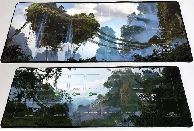 Floating islands, waterfalls, bridges, and text "Wyvern Moor" and "The Dungeon Crawl Card Game"
