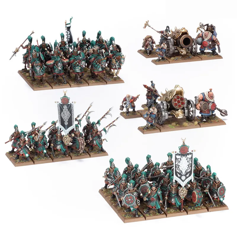 A detailed display of a Grand Cathay army features a variety of miniatures, including 30 Jade Warriors in ornate armor, equipped with hand weapons and shields or halberds, arranged in multiple units. The scene also showcases 10 Jade Lancer cavalry, two Cathayan Grand Cannons, and accompanying artillery crews, all set against a grassy base. Prominent banners and intricate details on the miniatures highlight the rich aesthetic of this new army.