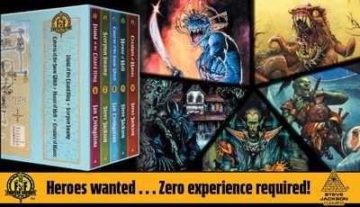 A collection of five Fighting Fantasy gamebooks is displayed, featuring titles such as "Island of the Lizard King," "Scorpion Swamp," "House of Hell," and "Creature of Havoc," with vibrant cover art showcasing fantastical creatures and scenes. The books are arranged in a colorful slipcase, with a map titled "Crystal Caves" visible on the left side. Below the books, bold text reads, "Heroes wanted . . . Zero experience required."