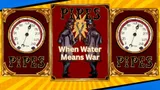The image features the title "Pipes" prominently displayed in bold letters, flanked by two vintage-style illustrations of men in top hats and long coats, each holding a pipe. The background is a vibrant yellow with radiating lines, enhancing the dynamic feel of the design. Below the title, the phrase "When Water Means War" is centered, adding a thematic touch to the overall artwork. On either side, there are circular gauges labeled "WATER," suggesting a connection to the game's plumbing theme.