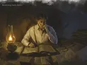 Man in glasses reading a book at a cluttered desk with an oil lamp.
