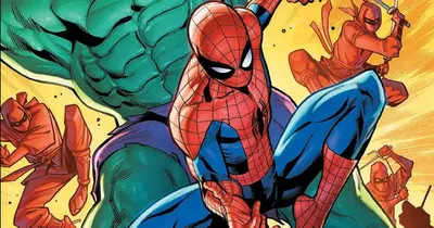 Spider-Man crouching, Hulk and ninjas fighting, text "SPIDER-MAN MIDTOWN MAYHEM ONE-SHOT ADVENTURE"