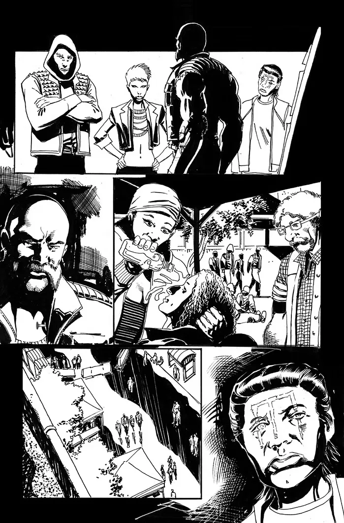 Black and white comic panels with characters in urban and action scenes.