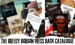 A collage of various tabletop gaming book covers from Greedy Gorgon Press, showcasing their back catalogue. Prominent titles include "Stairway to Heaven," "Born to Run," and "Heavy Metal Monster Manual," among others, featuring vibrant artwork and diverse themes. The bottom of the image displays the text "GREEDY GORGON PRESS BACK CATALOGUE" in bold, eye-catching letters.