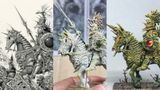 A triptych showcases the evolution of Ian Miller's Chaos beastmen illustrations into miniatures. The left panel features a detailed black-and-white illustration, while the center displays a partially painted miniature with intricate textures and a rider adorned with elaborate armor. The right panel presents a fully painted miniature, vividly colored with a striking green and gold scheme, depicting a beast with a menacing expression.