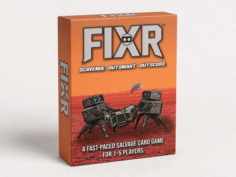 FIXR card game box with robots on a red planet background.