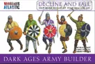 A group of four Dark Age warriors is depicted, each holding various weapons and shields. The figures are dressed in colorful tunics, with one wearing a green tunic and another in purple, showcasing a mix of styles and armor. The background features the title "DARK AGES ARMY" prominently displayed, along with the Wargames Atlantic logo at the top.