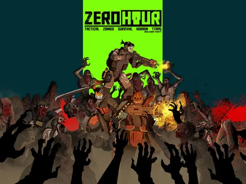 Cover art for Zero Hour: a green banner with white text reading "ZERO HOUR" and "TACTICAL ZOMBIE SURVIVAL HORROR TRAPE." Below, a chaotic scene of undead figures attacking two armored mercenaries—one wielding a sword, the other a firearm—amid ruins.