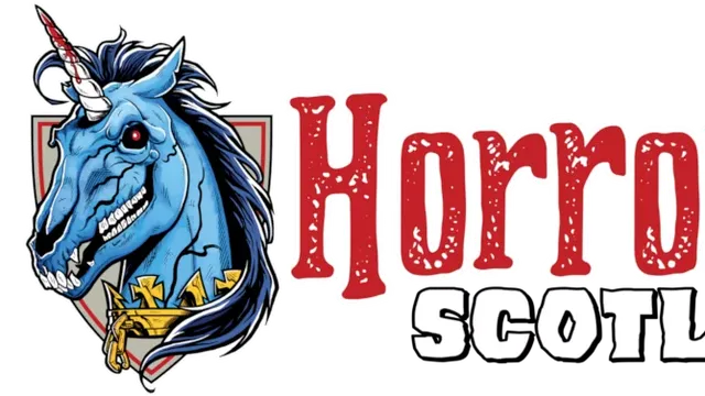 A stylized logo features a blue unicorn with a fierce expression, showcasing sharp teeth and a prominent horn. The unicorn is adorned with a golden collar and is set against a shield-like background. The text "Horror Scotland" is prominently displayed in bold, red letters, with a distressed texture, emphasizing the event's horror theme.