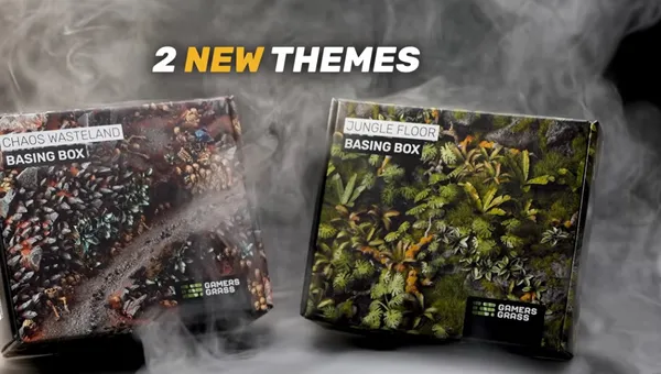 Two boxes labeled "JUNGLE FLOOR BASING BOX" and "CHAOS WASTELAND BASING BOX" with smoke.