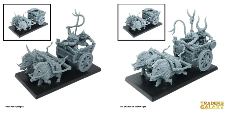 A detailed model of an orc shaman chariot is prominently displayed, featuring two boar-like creatures harnessed to a wooden cart. The chariot is manned by two orc figures, one wielding a staff, while the other appears to be steering. Surrounding the main model are smaller images showcasing different angles and details of the chariot and its occupants.