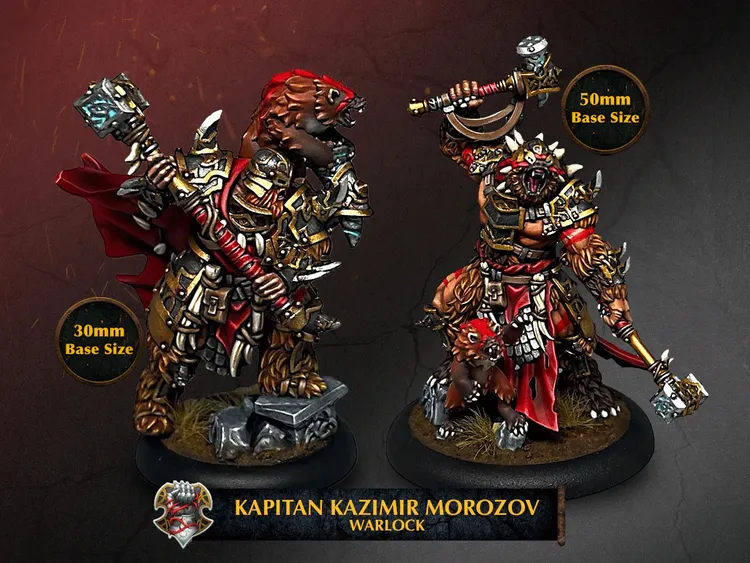 A detailed miniature of Kapitan Kazimir Morozov, a new Khador warlock, is prominently featured. He stands on a 50mm base, showcasing a fierce expression and adorned in ornate armor with a red and gold color scheme. Accompanying him is a smaller creature, possibly a familiar, and he wields a large weapon, emphasizing his commanding presence in the Warmachine universe.