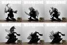A collection of six 3D models from the Warmachine series is displayed in a grid format. The top row features three Primeval models, each showcasing unique designs with intricate details, including armor and weaponry. The bottom row presents three Feral models, characterized by their beastly forms and dynamic poses, with some featuring wings and distinctive facial features, all set against a simple background.