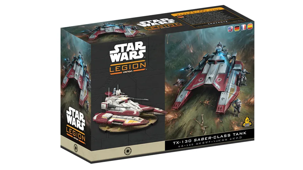 A box for the TX-130 Saber-class Tank expansion from Star Wars: Legion features a prominent illustration of the tank in action, showcasing its sleek design with red and white accents. The box also displays the miniature of the tank prominently on the front, alongside the game's logo and title. The background depicts a lush battlefield scene, enhancing the thematic elements of the Galactic Republic's military presence.