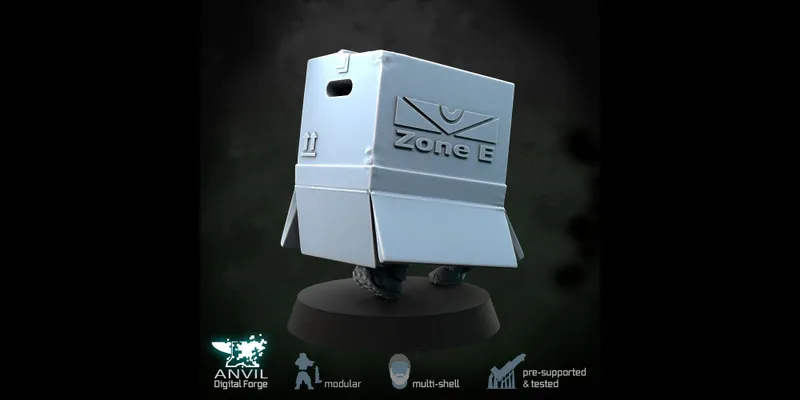 A stylized model of a futuristic military robot, resembling a boxy, minimalistic design, is displayed against a dark background. The robot features a smooth, white exterior with the word "Zone" prominently marked on its side, along with directional arrows. It stands on a circular base, showcasing its modular and multi-shell design, indicative of a modern warfare aesthetic suitable for various tabletop gaming settings.