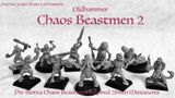A collection of ten hand-sculpted beastmen miniatures is displayed, showcasing a variety of bizarre mutations, including hooves, tentacles, and horns. Each figure is cast in white metal and features unique weapons and minimal armor, emphasizing their grotesque designs. The text "Oldhammer Chaos Beastmen 2" is prominently featured, along with a subtitle indicating they are inspired by 28mm miniatures.