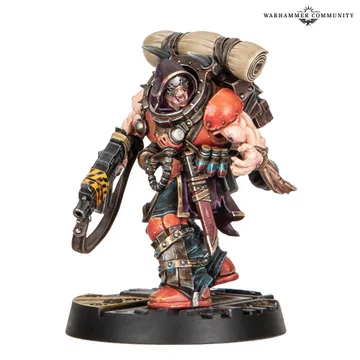 A muscular character from Necromunda stands confidently, wielding a large weapon in one hand. He wears a mix of dark and vibrant armor, featuring orange and black accents, and has a large backpack with rolled-up materials. His fierce expression and detailed gear, including various pouches and a utility belt, emphasize his menacing presence.